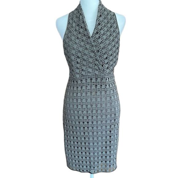 Andrew Marc gray faux wrap style sleeveless lined laser cut dress size 8. - Picture 1 of 6